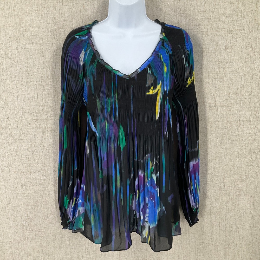 Melissa Paige Blouse Womens XL Black Multi Floral Chiffon Pleated Boho V-Neck